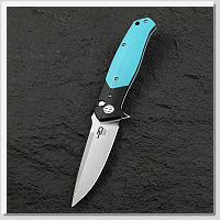 Bestech SWORDFISH 黑/淡藍 G10柄 Button lock 折刀 -14C28N鋼(Satin處理)