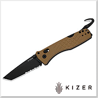 Kizer Aegis T 棕G10柄Tanto刃 Clutch Lock™ 半齒救援折刀 -AEB-L鋼(黑色PVD處理 -附救援鉤)