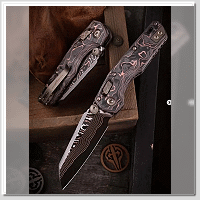 MICROTECH Marfione老闆精選 MSI 迷你款 RAM-LOK 蝕刻Baker鍛造CopperMai頂尖大馬鋼 火線碳纖維柄 -折刀 (不二價)