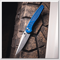 PROTECH Avalon 戰損藍鋁柄滾花紋 Button Lock 折刀- CPM-MagnaCut鋼 (石洗處理)