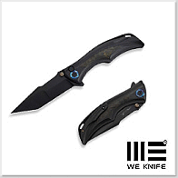 We Knife Tighe Down 鈦+黃黑碳纖柄Flipper按鈕鎖折刀/M390鋼黑石洗